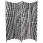 Oriental Furniture 6' Tall Woven Fiber 4 Panel Room Divider Black/White: Hardwood Frame, No Assembly Required