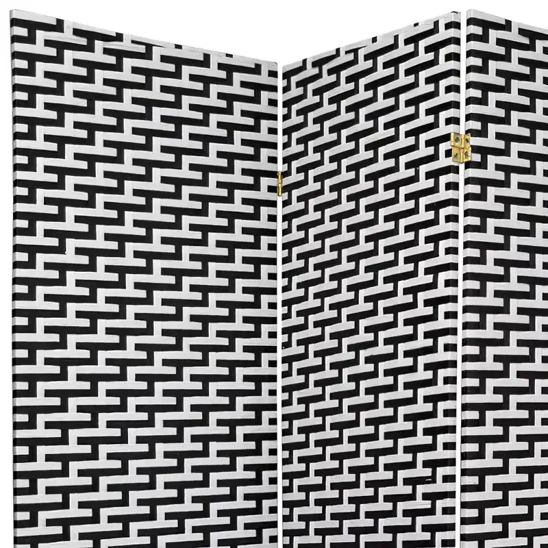 Paravent 4 Panneaux Tressés 1,8 m Cadre en Bois Noir/Blanc – Aucun assemblage requis