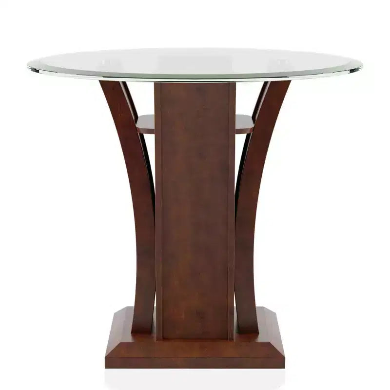 Table d'appoint Gabriella avec plateau en verre rond et finition merisier marron - HOMES: Inside + Out : Piètement contemporain, plateau en verre trempé, étagère ouverte