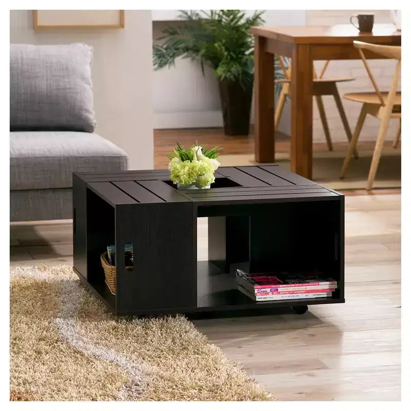 Table basse Roseline en forme de caisse moderne expresso - HOMES: Inside + Out: Design carré, mobile, compartiments de rangement