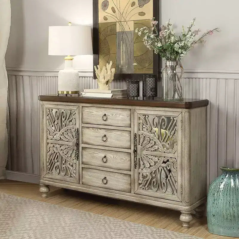 Table d'appoint Vermont 60 po Blanc antique - Acme Furniture : Rangement élégant, 4 tiroirs et étagères