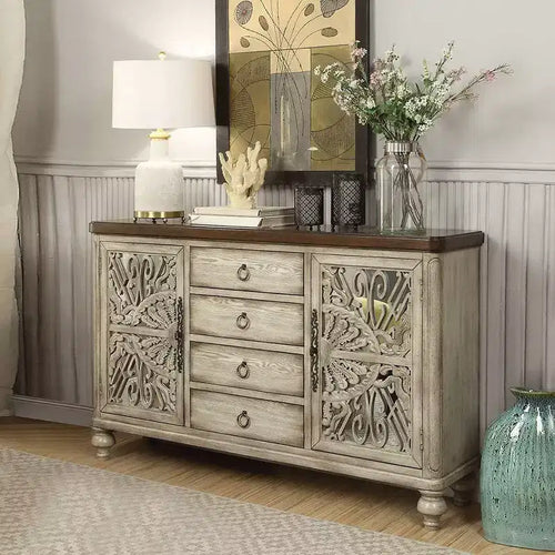 Table d'appoint Vermont 60 po Blanc antique - Acme Furniture : Rangement élégant, 4 tiroirs et étagères