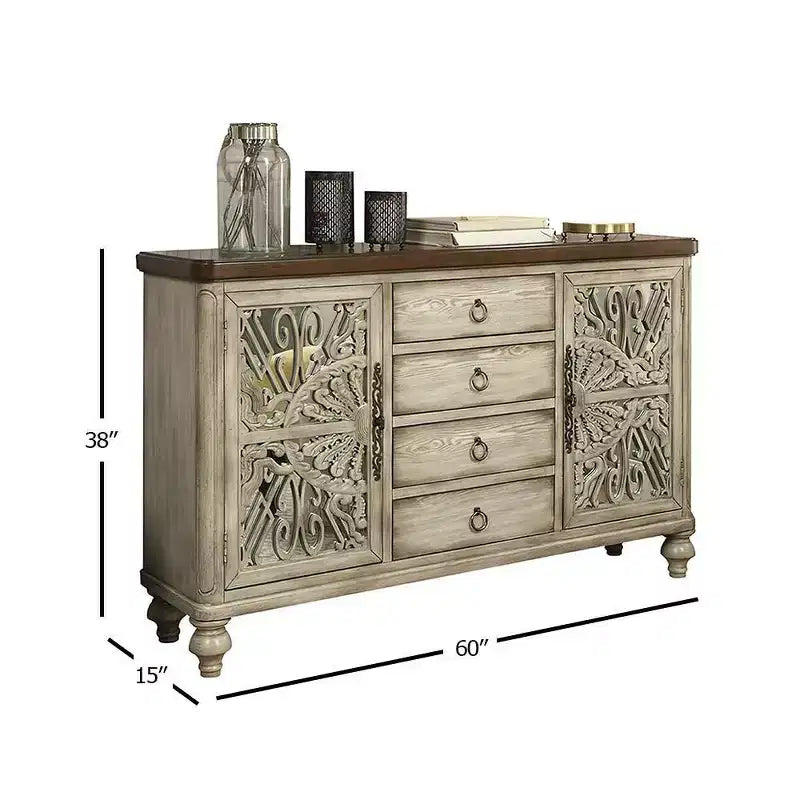 Table d'appoint Vermont 60 po Blanc antique - Acme Furniture : Rangement élégant, 4 tiroirs et étagères