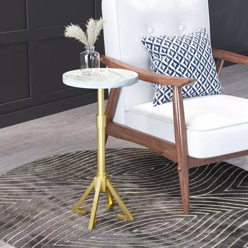 Table d'appoint Augustus marbre blanc - ZM Home : Cadre rond moderne en fer, finition dorée, 55,88 cm de hauteur, 27,94 cm de largeur, capacité de 20,41 kg