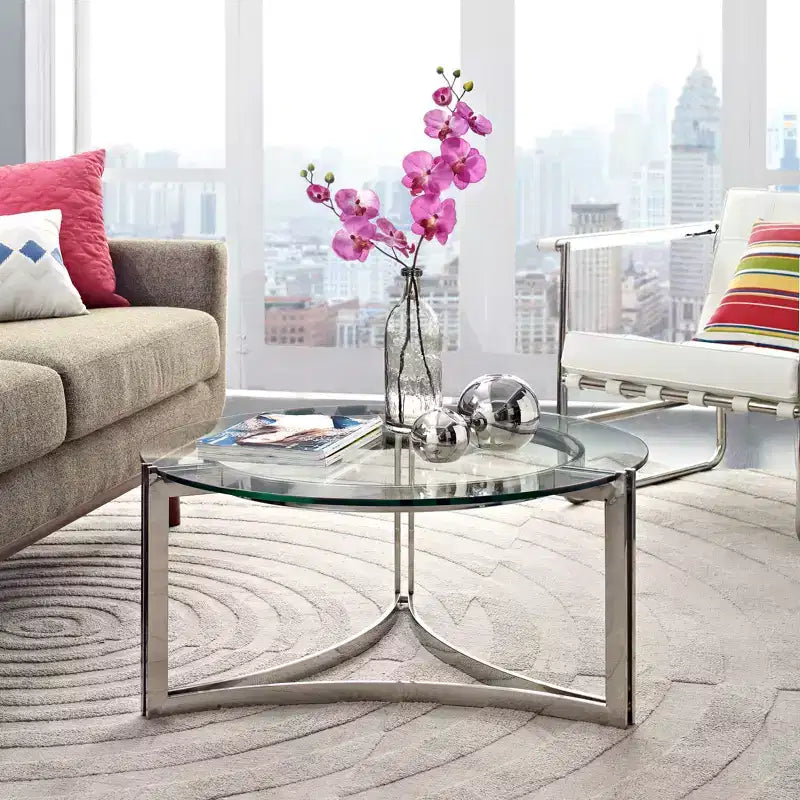 Table Basse Signet Acier Inoxydable Argent - Modway : Plateau Rond en Verre Chic, Piètement en Boucle, Hauteur 91,4 cm