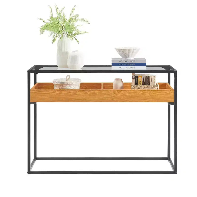 Console Danya B. Saarinen plateau verre chêne doré : stratifiée, cadre métallique, verre trempé, étagère de rangement