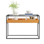 Console Danya B. Saarinen plateau verre chêne doré : stratifiée, cadre métallique, verre trempé, étagère de rangement