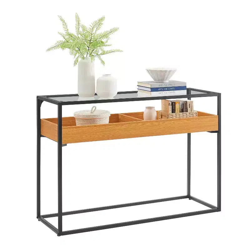 Console Danya B. Saarinen plateau verre chêne doré : stratifiée, cadre métallique, verre trempé, étagère de rangement