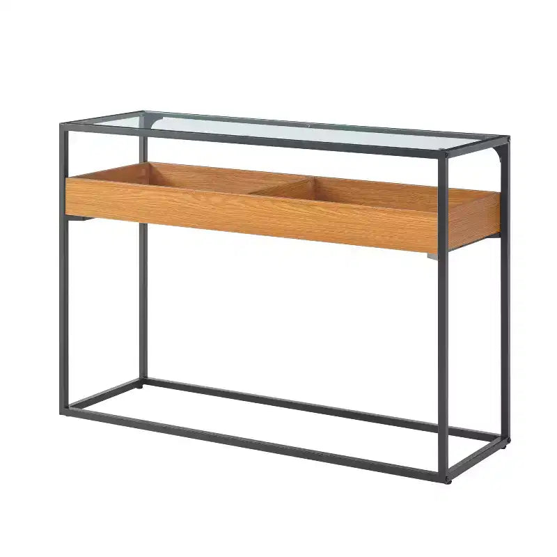 Console Danya B. Saarinen plateau verre chêne doré : stratifiée, cadre métallique, verre trempé, étagère de rangement