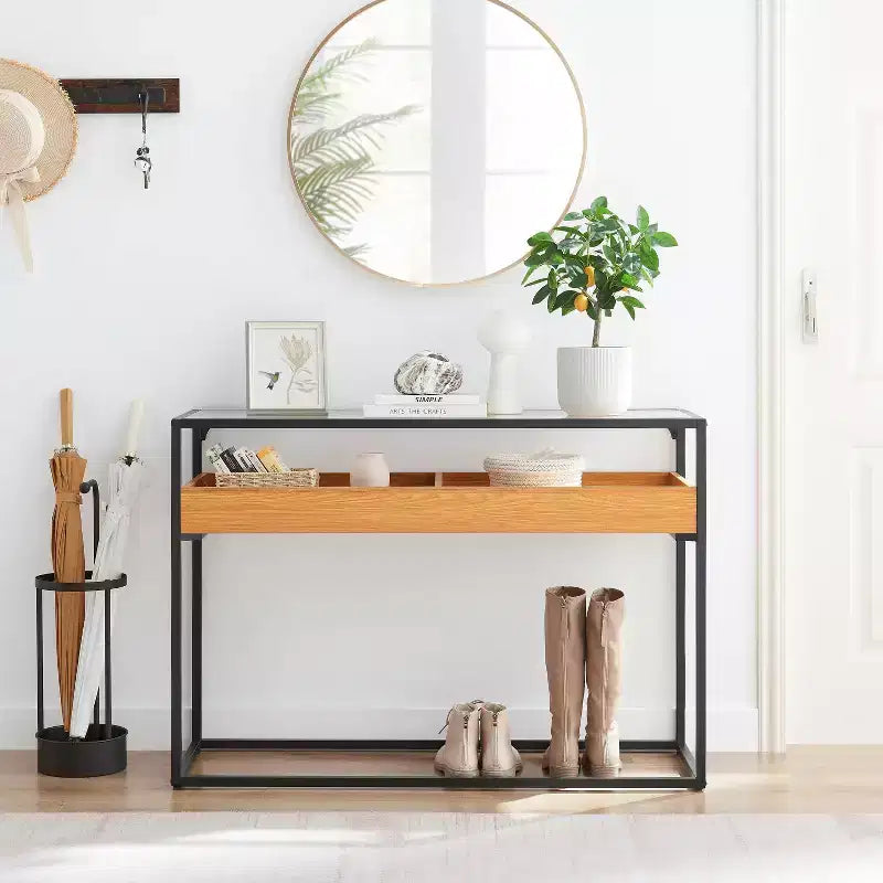 Console Danya B. Saarinen plateau verre chêne doré : stratifiée, cadre métallique, verre trempé, étagère de rangement