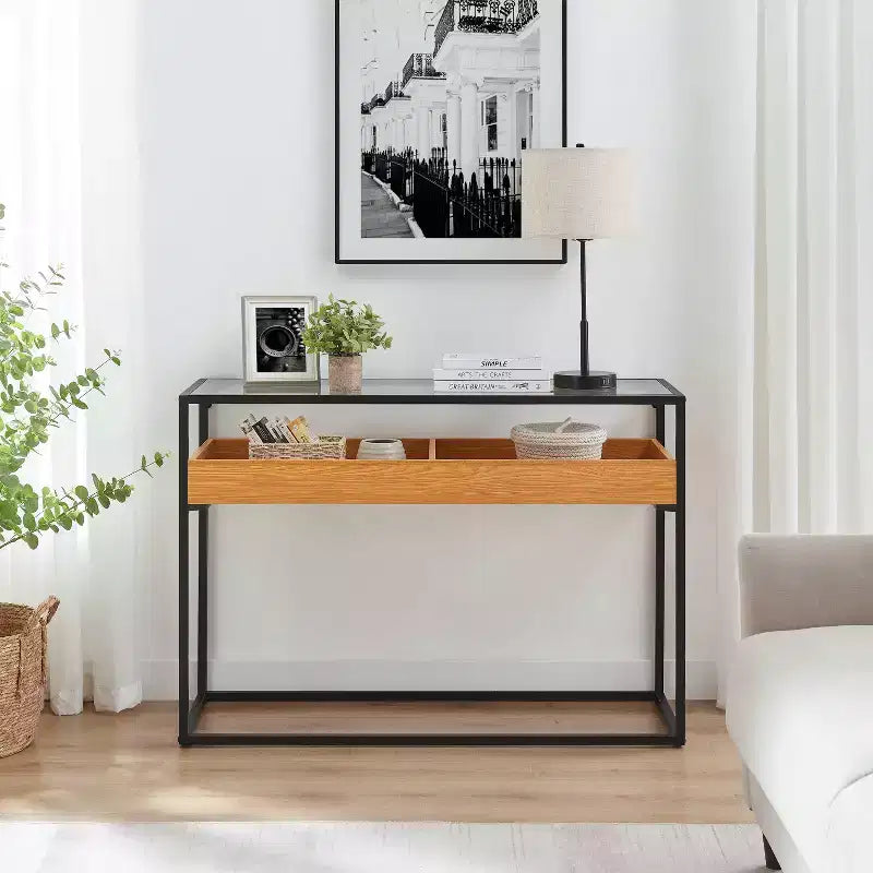 Console Danya B. Saarinen plateau verre chêne doré : stratifiée, cadre métallique, verre trempé, étagère de rangement