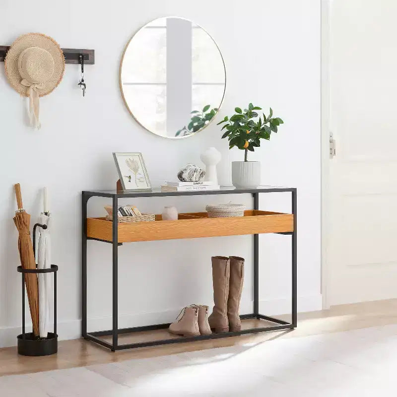 Console Danya B. Saarinen plateau verre chêne doré : stratifiée, cadre métallique, verre trempé, étagère de rangement