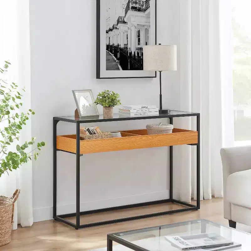 Console Danya B. Saarinen plateau verre chêne doré : stratifiée, cadre métallique, verre trempé, étagère de rangement