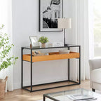Console Danya B. Saarinen plateau verre chêne doré : stratifiée, cadre métallique, verre trempé, étagère de rangement