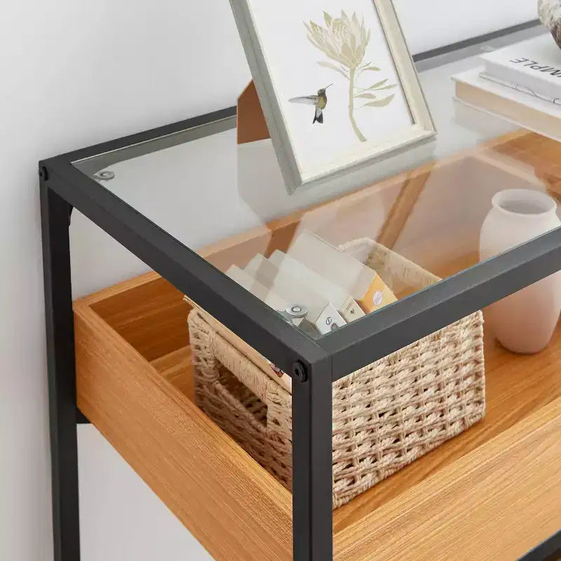 Console Danya B. Saarinen plateau verre chêne doré : stratifiée, cadre métallique, verre trempé, étagère de rangement