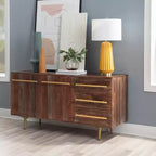 Console de rangement moderne Adair de 58 pouces en bois massif, poignées dorées, 2 portes, 3 tiroirs, couleur marron - Powell : Table d'entrée en acacia avec quincaillerie en fer