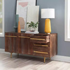 Console de rangement moderne Adair de 58 pouces en bois massif, poignées dorées, 2 portes, 3 tiroirs, couleur marron - Powell : Table d'entrée en acacia avec quincaillerie en fer