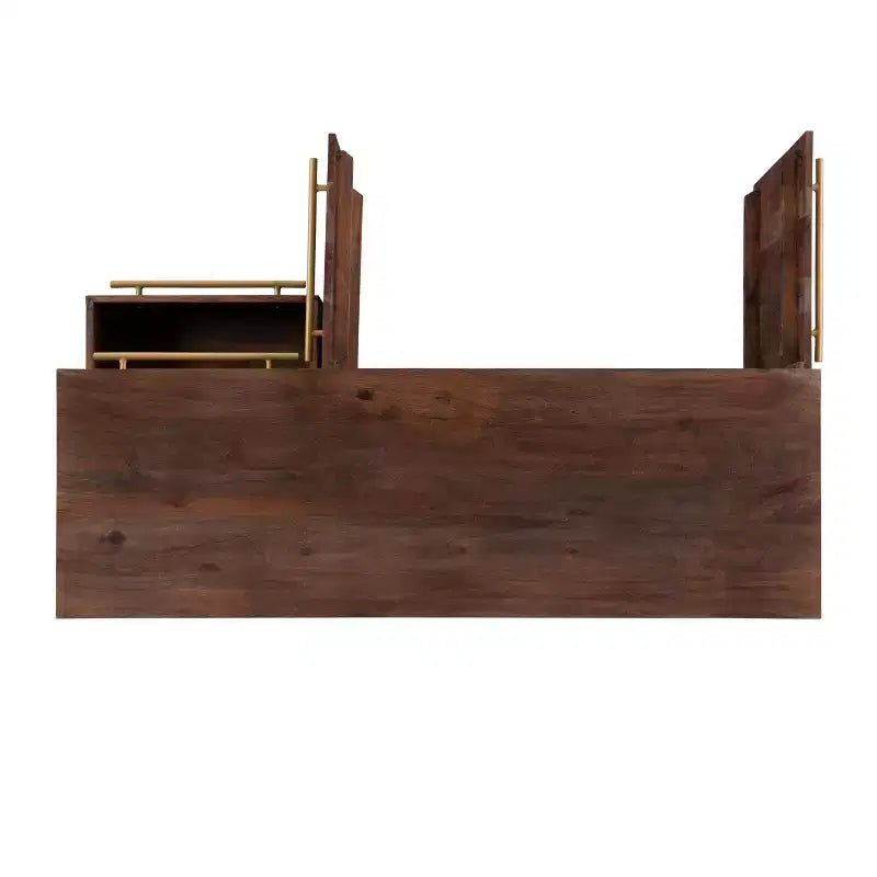 Console de rangement moderne Adair de 58 pouces en bois massif, poignées dorées, 2 portes, 3 tiroirs, couleur marron - Powell : Table d'entrée en acacia avec quincaillerie en fer