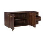 Console de rangement moderne Adair de 58 pouces en bois massif, poignées dorées, 2 portes, 3 tiroirs, couleur marron - Powell : Table d'entrée en acacia avec quincaillerie en fer