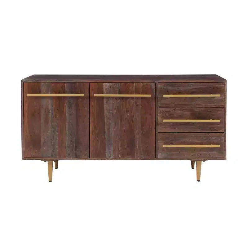 Console de rangement moderne Adair de 58 pouces en bois massif, poignées dorées, 2 portes, 3 tiroirs, couleur marron - Powell : Table d'entrée en acacia avec quincaillerie en fer