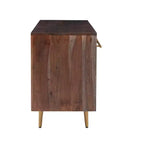 Console de rangement moderne Adair de 58 pouces en bois massif, poignées dorées, 2 portes, 3 tiroirs, couleur marron - Powell : Table d'entrée en acacia avec quincaillerie en fer