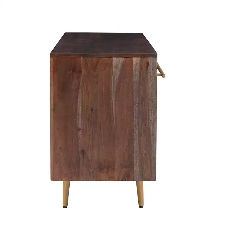 Console de rangement moderne Adair de 58 pouces en bois massif, poignées dorées, 2 portes, 3 tiroirs, couleur marron - Powell : Table d'entrée en acacia avec quincaillerie en fer