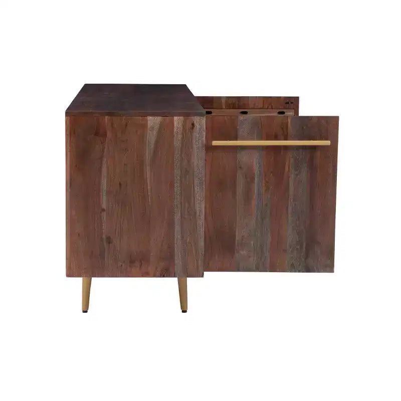 Console de rangement moderne Adair de 58 pouces en bois massif, poignées dorées, 2 portes, 3 tiroirs, couleur marron - Powell : Table d'entrée en acacia avec quincaillerie en fer