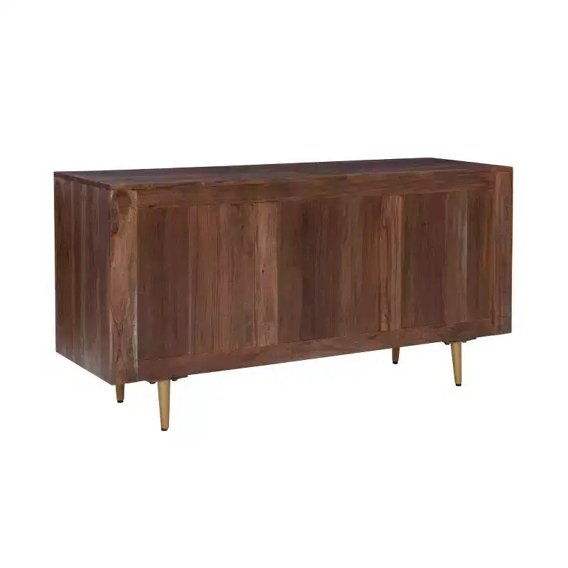 Console de rangement moderne Adair de 58 pouces en bois massif, poignées dorées, 2 portes, 3 tiroirs, couleur marron - Powell : Table d'entrée en acacia avec quincaillerie en fer