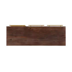 Console de rangement moderne Adair de 58 pouces en bois massif, poignées dorées, 2 portes, 3 tiroirs, couleur marron - Powell : Table d'entrée en acacia avec quincaillerie en fer