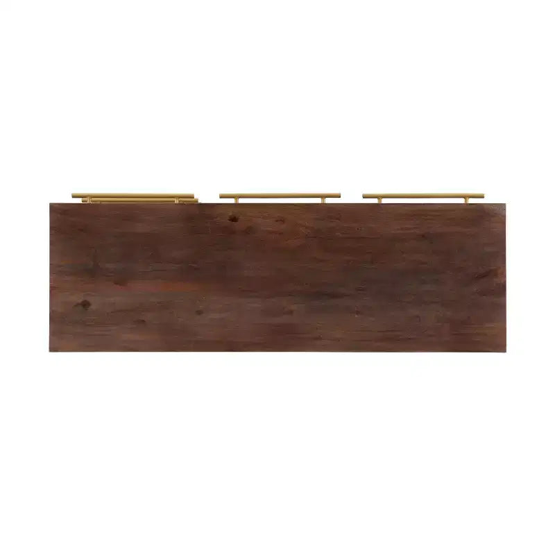 Console de rangement moderne Adair de 58 pouces en bois massif, poignées dorées, 2 portes, 3 tiroirs, couleur marron - Powell : Table d'entrée en acacia avec quincaillerie en fer