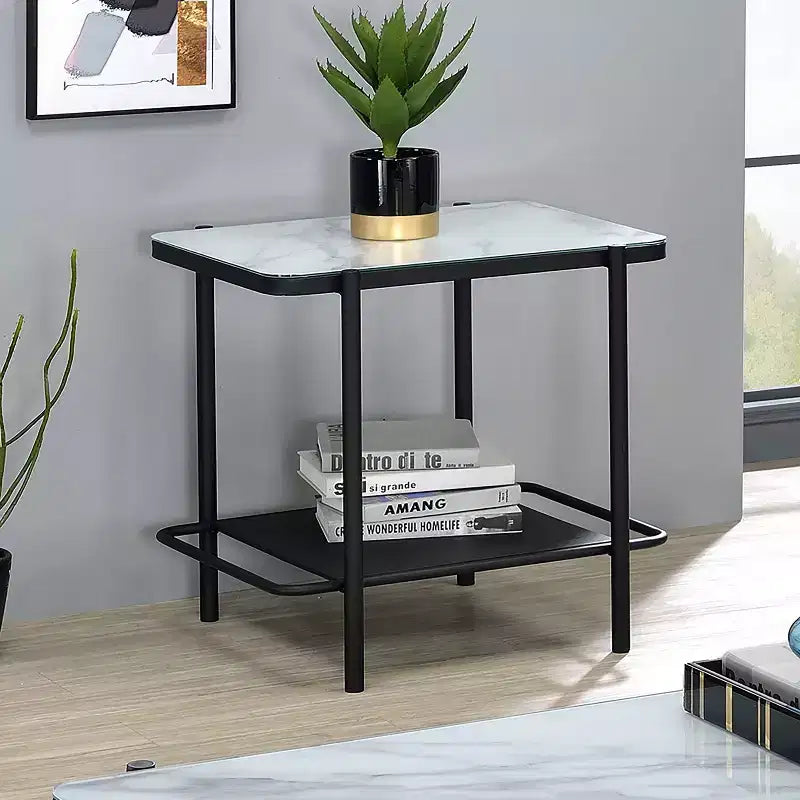 Table d'appoint contemporaine en verre Avalan, revêtement noir/blanc - miBasics