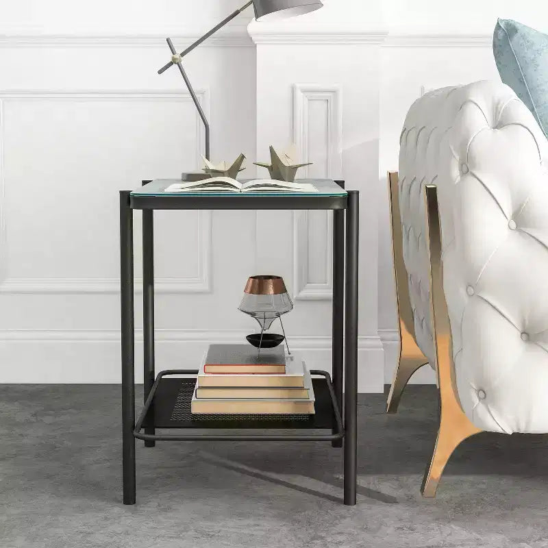 Table d'appoint contemporaine en verre Avalan, revêtement noir/blanc - miBasics