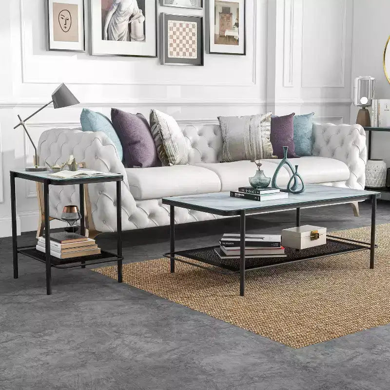 Ensemble de 2 tables basses et d'appoint Avalan contemporaines en marbre et verre Revêtement noir/blanc - miBasics
