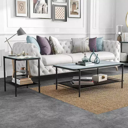 Ensemble de 2 tables basses et d'appoint Avalan contemporaines en marbre et verre Revêtement noir/blanc - miBasics
