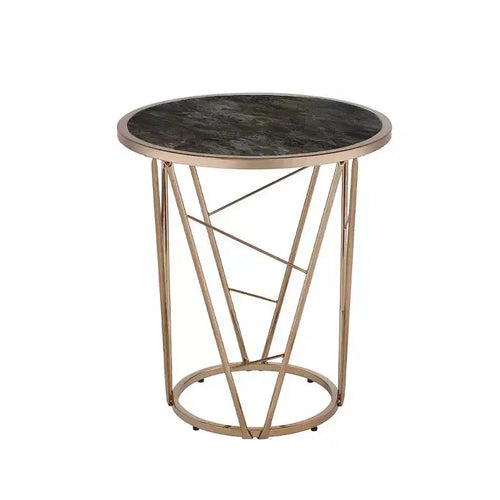 22" Cicatrix Accent Table Faux Black Marble Glass Top Champagne Finish - Acme Furniture: Round, No Assembly, Metal Frame