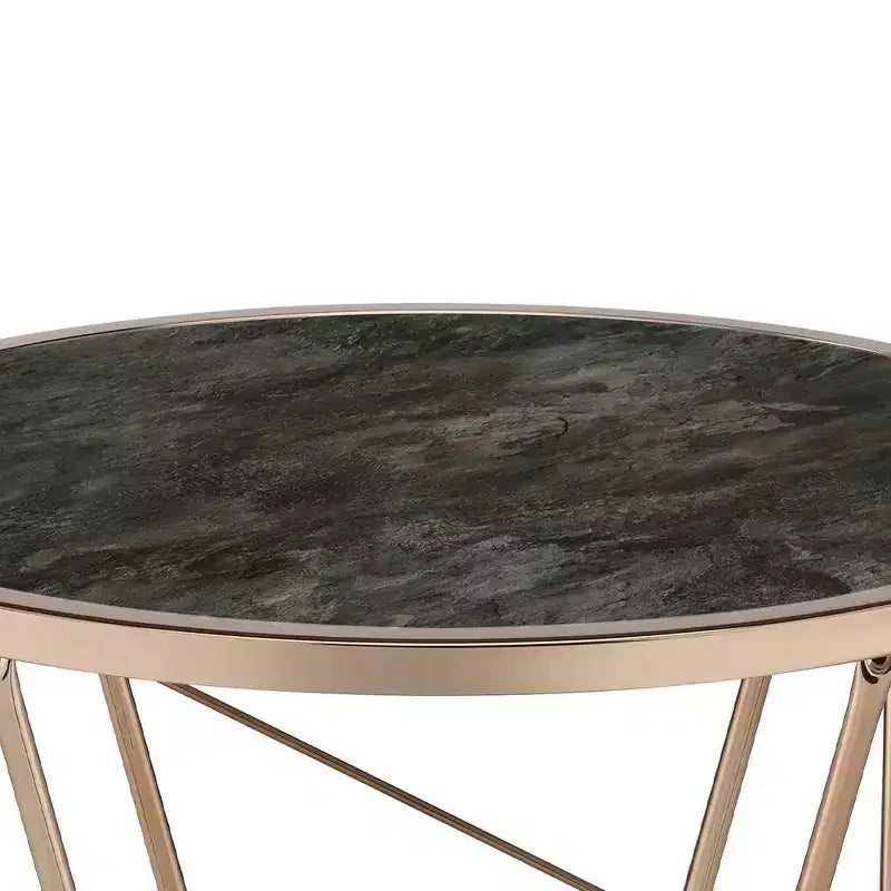 Table d'appoint Cicatrix 22 po, plateau en verre effet marbre noir, finition champagne – Acme Furniture : Ronde, aucun assemblage requis, cadre métallique