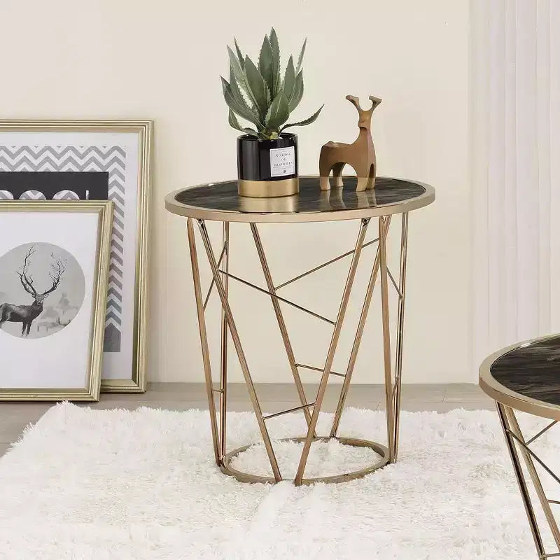 Table d'appoint Cicatrix 22 po, plateau en verre effet marbre noir, finition champagne – Acme Furniture : Ronde, aucun assemblage requis, cadre métallique