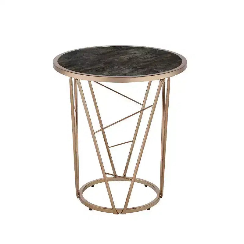 Table d'appoint Cicatrix 22 po, plateau en verre effet marbre noir, finition champagne – Acme Furniture : Ronde, aucun assemblage requis, cadre métallique