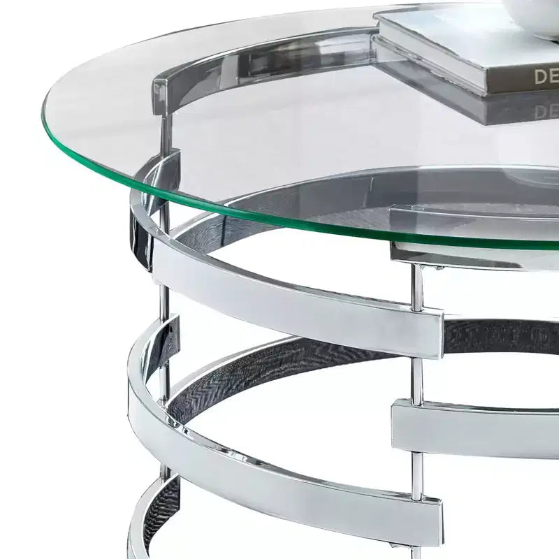 Table basse Tayside en verre et chrome - Steve Silver : Circulaire, structure chromée, plateau teinté