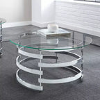 Table basse Tayside en verre et chrome - Steve Silver : Circulaire, structure chromée, plateau teinté
