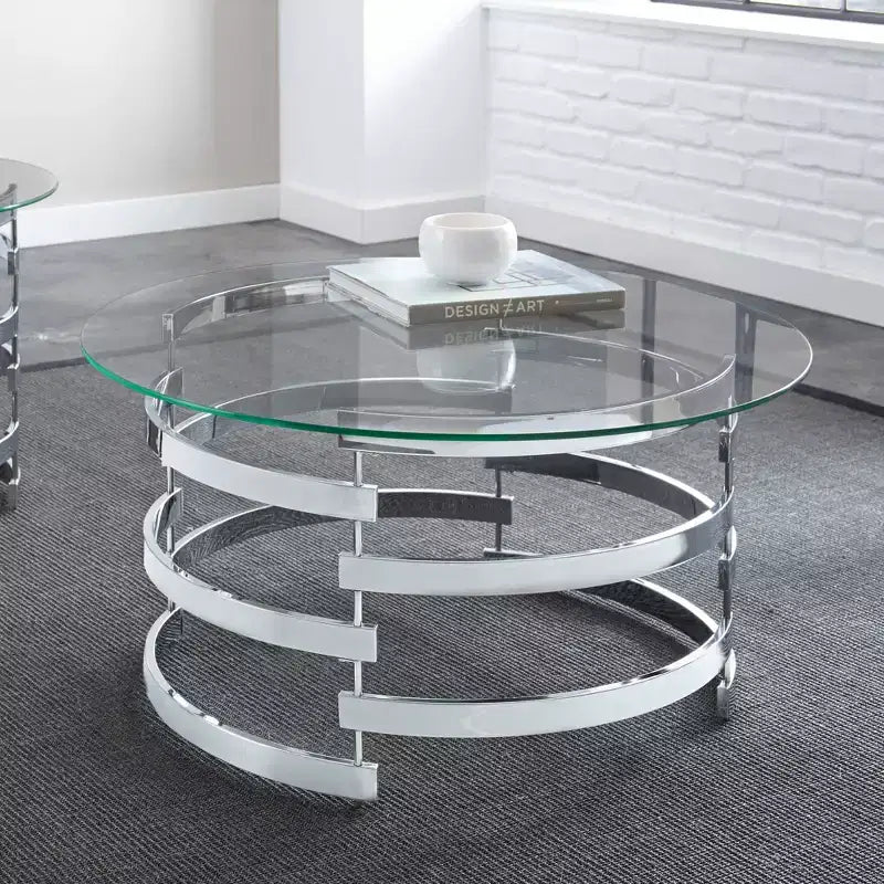 Table basse Tayside en verre et chrome - Steve Silver : Circulaire, structure chromée, plateau teinté