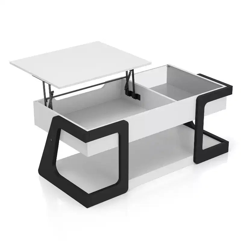 Table basse relevable moderne Castleridge 124 cm Blanc/Noir - miBasics : Hauteur réglable, Verre trempé, Étagère de rangement
