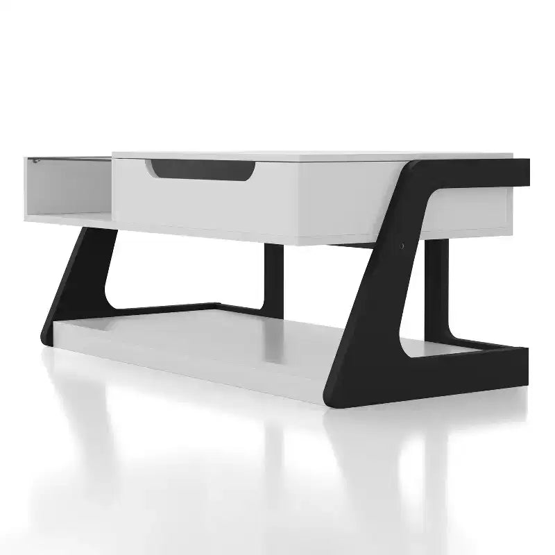 Table basse relevable moderne Castleridge 124 cm Blanc/Noir - miBasics : Hauteur réglable, Verre trempé, Étagère de rangement