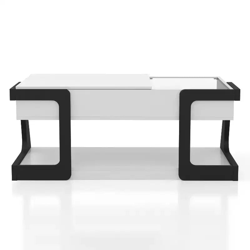 Table basse relevable moderne Castleridge 124 cm Blanc/Noir - miBasics : Hauteur réglable, Verre trempé, Étagère de rangement