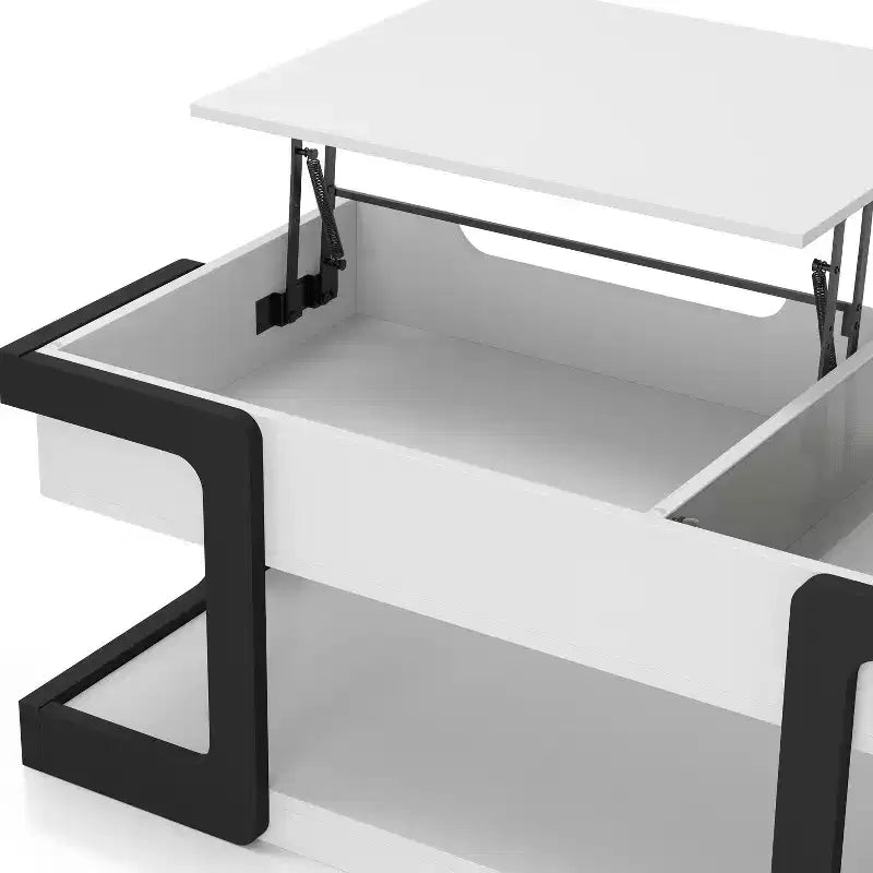Table basse relevable moderne Castleridge 124 cm Blanc/Noir - miBasics : Hauteur réglable, Verre trempé, Étagère de rangement