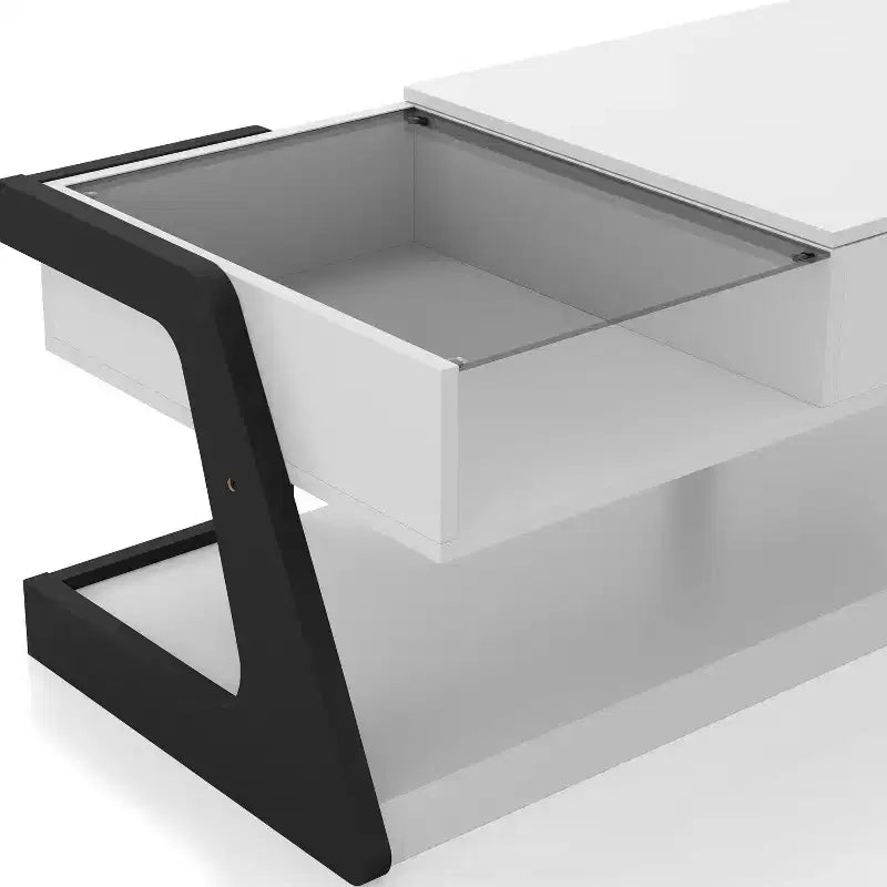 Table basse relevable moderne Castleridge 124 cm Blanc/Noir - miBasics : Hauteur réglable, Verre trempé, Étagère de rangement
