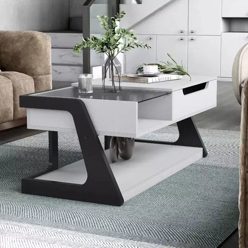 Table basse relevable moderne Castleridge 124 cm Blanc/Noir - miBasics : Hauteur réglable, Verre trempé, Étagère de rangement