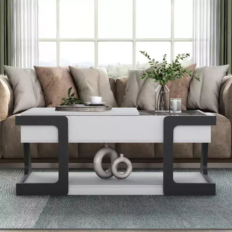 Table basse relevable moderne Castleridge 124 cm Blanc/Noir - miBasics : Hauteur réglable, Verre trempé, Étagère de rangement