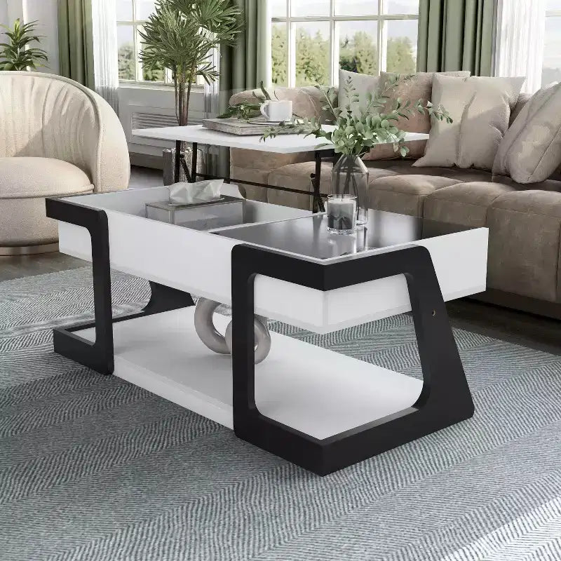 Table basse relevable moderne Castleridge 124 cm Blanc/Noir - miBasics : Hauteur réglable, Verre trempé, Étagère de rangement