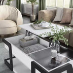 Table basse relevable moderne Castleridge 124 cm Blanc/Noir - miBasics : Hauteur réglable, Verre trempé, Étagère de rangement